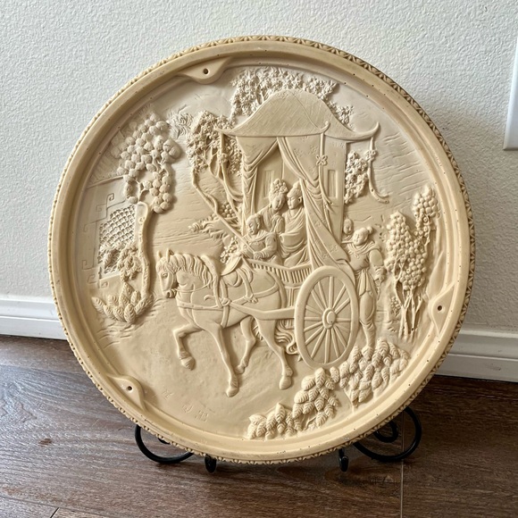 Vintage Chinese High-relief Horse Carriage Faux Cinnabar 16.5 Inch Diameter